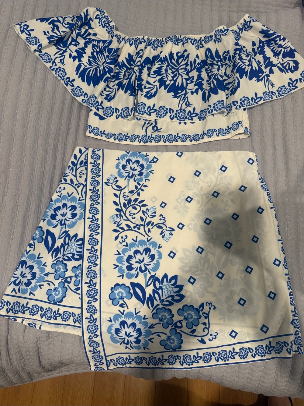 SHEIN White and Blue Floral Off-Shoulder Crop Top & Mini Skirt Set